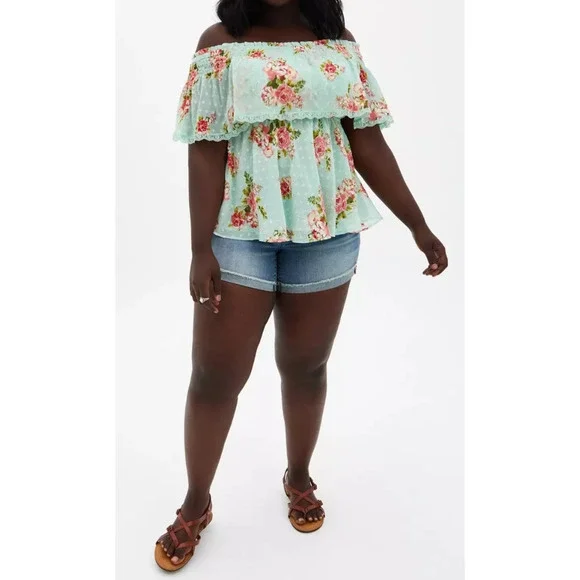 Torrid Off Shoulder Sheer Lace Swiss Dot Top Plus Size 2 2X Green Pink Boho Chic - Picture 10 of 10